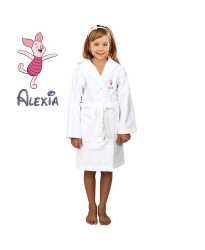 Funny Pink Bear Cartoon Design & Custom Name Embroidery on Kids Hooded Bathrobe